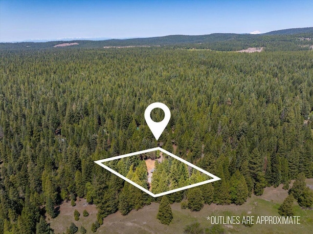 9279 Thatcher Mill Rd, Shingletown, CA 96088 - aerial overview of property's location with a heavily wooded area, property boundaries highlighted, and a mountain backdrop
