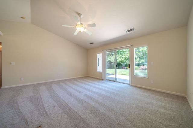 2184 Darsha Ln, Redding, CA 96003 - unfurnished room featuring lofted ceiling, a ceiling fan, baseboards, and light colored carpet