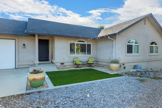 10844 Green Oaks Ln, Redding, CA 96003 - view of front of property with a shingled roof, crawl space, a garage, a front yard, and stucco siding
