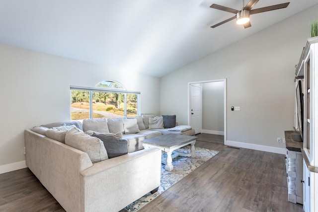 10844 Green Oaks Ln, Redding, CA 96003 - living area featuring ceiling fan, baseboards, dark wood finished floors, and high vaulted ceiling