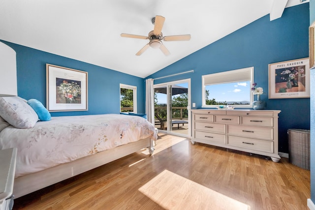 1163 Golden Gate Trl, Redding, CA 96003 - bedroom with lofted ceiling, access to exterior, light wood-style floors, and ceiling fan