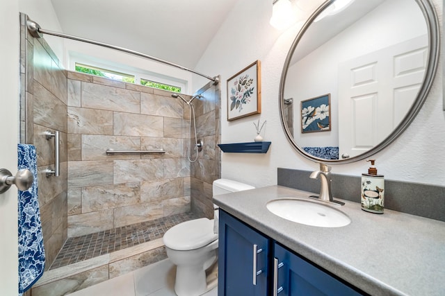1163 Golden Gate Trl, Redding, CA 96003 - full bath with vanity, toilet, tiled shower, and vaulted ceiling