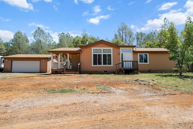 13955 Dusty Oaks Trl, Bella Vista, CA 96008 - single story home with crawl space, dirt driveway, an outbuilding, and an attached garage