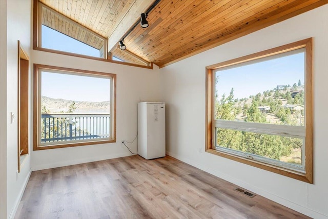 4740 Rainbow, Weed, CA 96094 - empty room with wooden ceiling, track lighting, healthy amount of natural light, light wood-style flooring, and baseboards