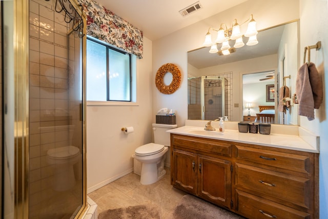 19991 Paso Robles Ave, Redding, CA 96003 - bathroom with toilet, a shower stall, vanity, and tile patterned floors