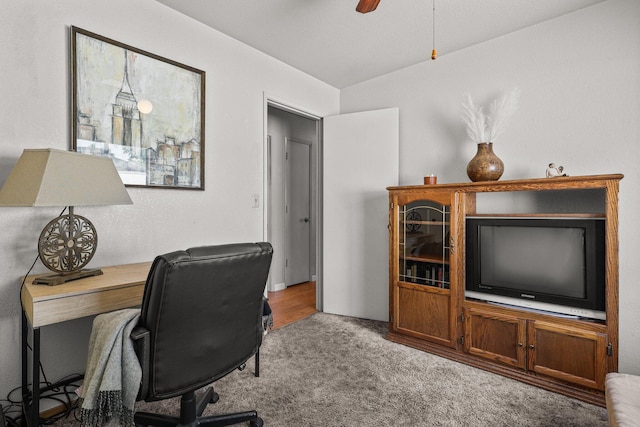 3608 Capricorn Way, Redding, CA 96002 - carpeted home office with vaulted ceiling and a ceiling fan