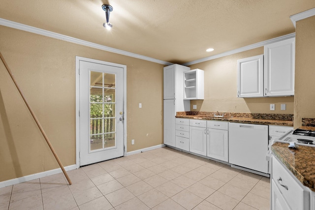 3262 Camellia St, Anderson, CA 96007 - kitchen featuring dishwasher, ornamental molding, dark countertops, white cabinets, and a textured ceiling