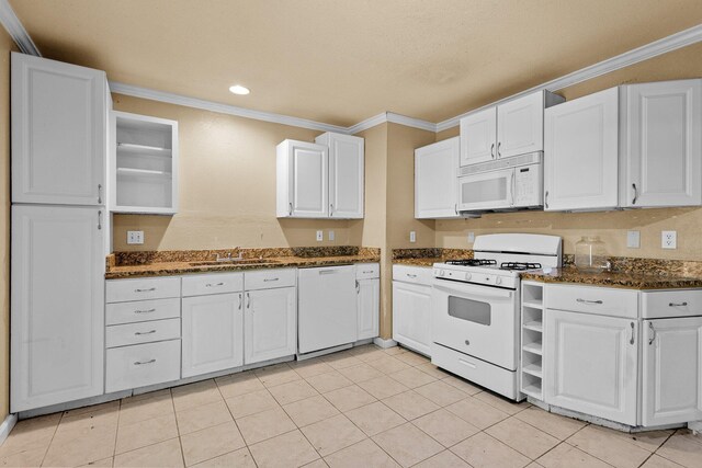 3262 Camellia St, Anderson, CA 96007 - kitchen featuring white appliances, a sink, white cabinets, crown molding, and open shelves