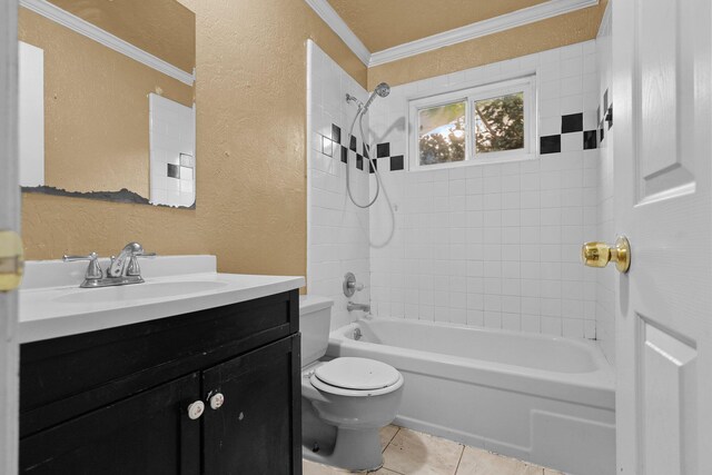3262 Camellia St, Anderson, CA 96007 - full bathroom featuring a textured wall, toilet, vanity, crown molding, and tub / shower combination