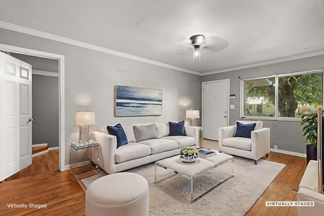 3262 Camellia St, Anderson, CA 96007 - living room with hardwood / wood-style floors, ceiling fan, baseboards, and ornamental molding
