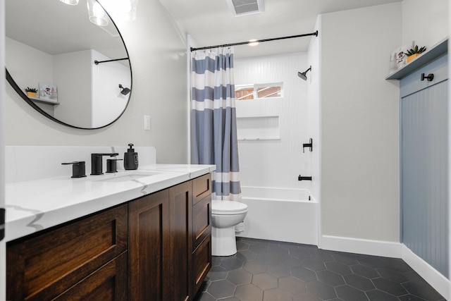 4223 Alta Mesa Dr, Redding, CA 96002 - full bathroom with vanity, shower / bath combo, toilet, tile patterned floors, and baseboards