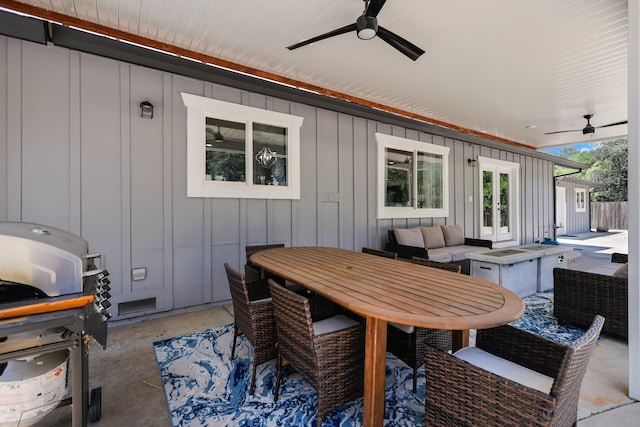 4223 Alta Mesa Dr, Redding, CA 96002 - view of patio / terrace featuring a ceiling fan, french doors, an outdoor living space, and outdoor dining area