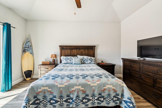 3126 Chaucer Way, Shasta Lake, CA 96019 - bedroom featuring vaulted ceiling, light wood-style floors, baseboards, and ceiling fan