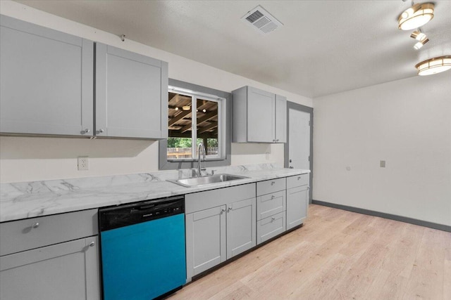 5890 Missouri Ln, Anderson, CA 96007 - kitchen featuring dishwashing machine, a sink, gray cabinetry, light wood-style floors, and baseboards