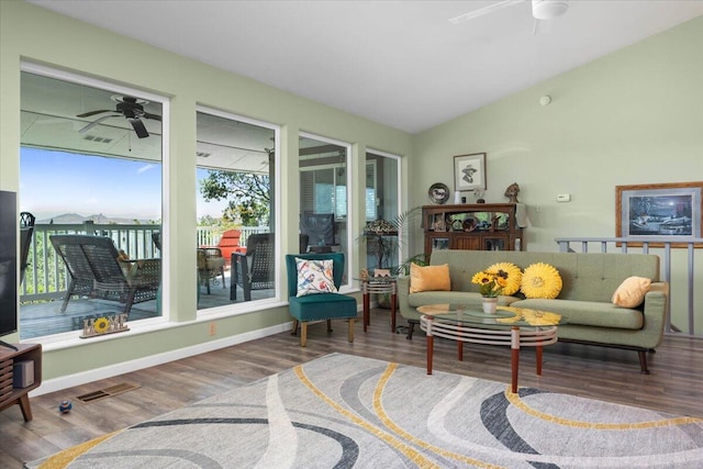 21350 Wilcox Rd, Red Bluff, CA 96080 - living room featuring ceiling fan, wood finished floors, and vaulted ceiling