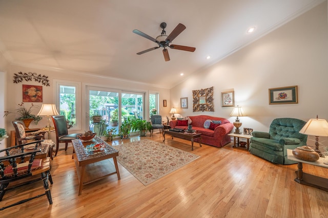 3811 Andes Dr, Redding, CA 96001 - living room featuring crown molding, a ceiling fan, light wood-style flooring, lofted ceiling, and recessed lighting