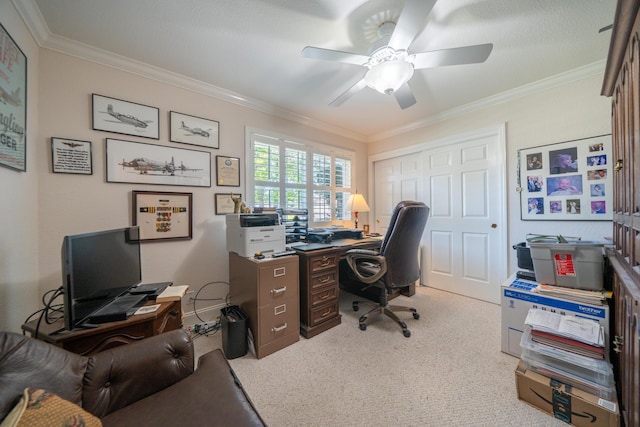 3811 Andes Dr, Redding, CA 96001 - carpeted home office with a ceiling fan and crown molding