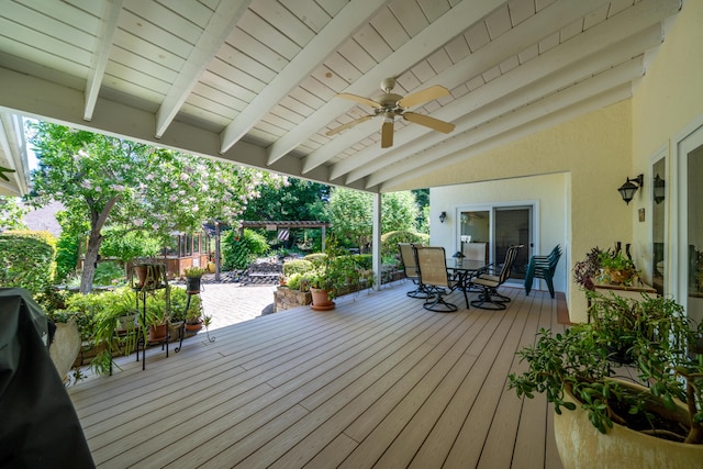 3811 Andes Dr, Redding, CA 96001 - wooden terrace featuring outdoor dining area and a ceiling fan