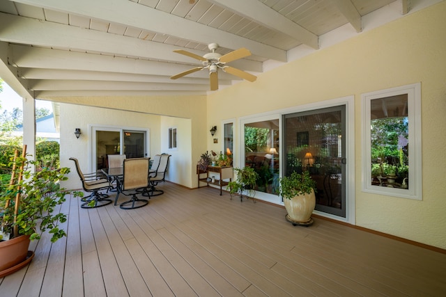 3811 Andes Dr, Redding, CA 96001 - wooden terrace with ceiling fan and outdoor dining area