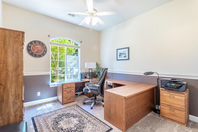 2830 Montana Sky Dr, Redding, CA 96002 - office area with ceiling fan, baseboards, and light colored carpet