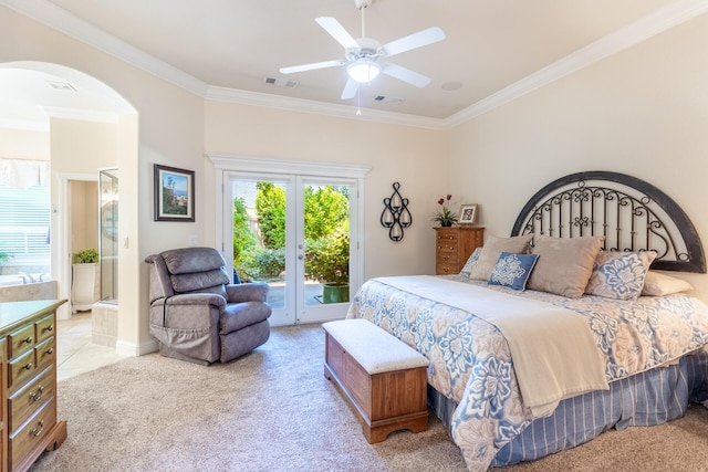 2830 Montana Sky Dr, Redding, CA 96002 - carpeted bedroom with crown molding, arched walkways, french doors, access to exterior, and a ceiling fan