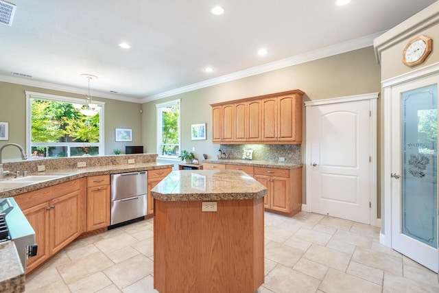 2830 Montana Sky Dr, Redding, CA 96002 - kitchen with a sink, dishwasher, a center island, light countertops, and crown molding