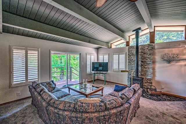 19370 Mountain Maple Rd, Lakehead, CA 96051 - carpeted living room with a wood stove and baseboards
