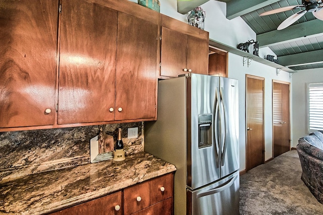19370 Mountain Maple Rd, Lakehead, CA 96051 - kitchen featuring stainless steel fridge with ice dispenser, ceiling fan, dark carpet, and decorative backsplash