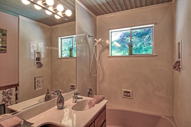 19370 Mountain Maple Rd, Lakehead, CA 96051 - full bathroom with wooden ceiling, double vanity, and bathtub / shower combination