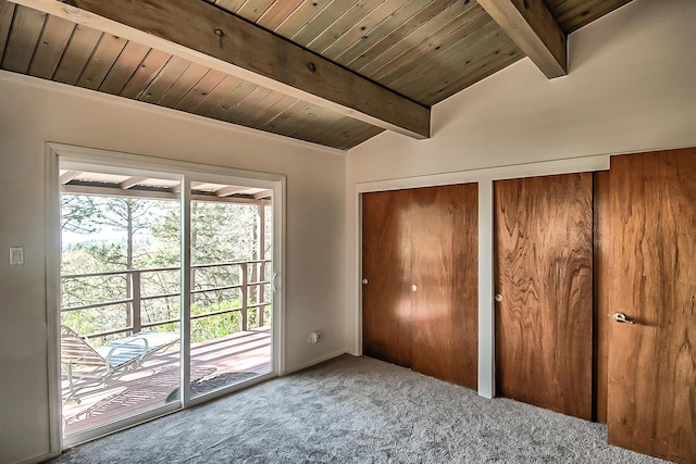 19370 Mountain Maple Rd, Lakehead, CA 96051 - unfurnished bedroom with carpet flooring, multiple closets, wood ceiling, and access to outside