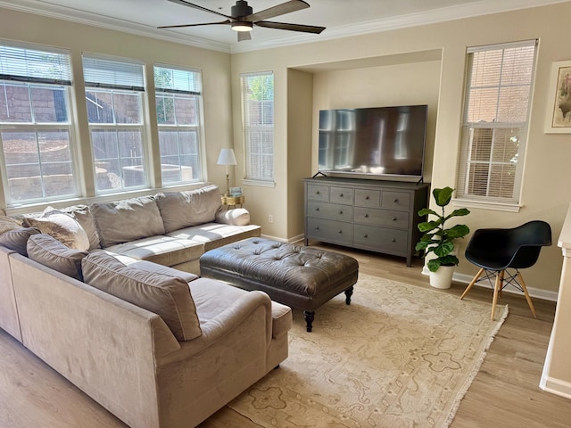 2135 Vienna Way, Redding, CA 96003 - living room featuring crown molding, wood finished floors, ceiling fan, and baseboards