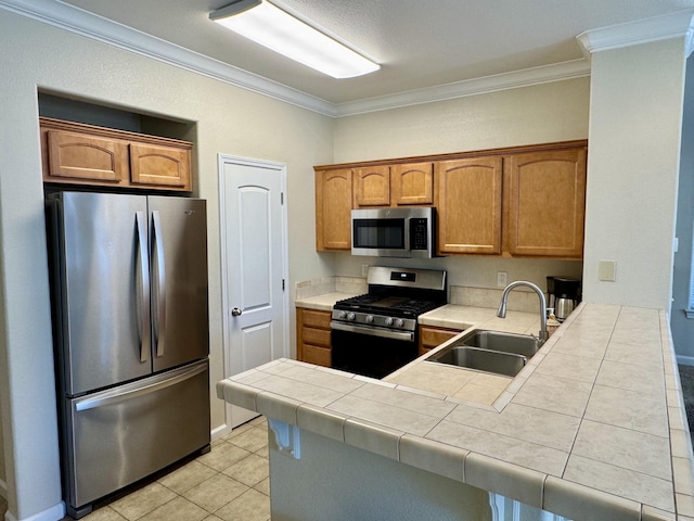 2135 Vienna Way, Redding, CA 96003 - kitchen with appliances with stainless steel finishes, a sink, ornamental molding, a peninsula, and light tile patterned floors