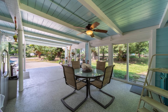 2940 Felstet Ln, Redding, CA 96001 - sunroom featuring a ceiling fan, outdoor dining space, and a wood ceiling with exposed beams