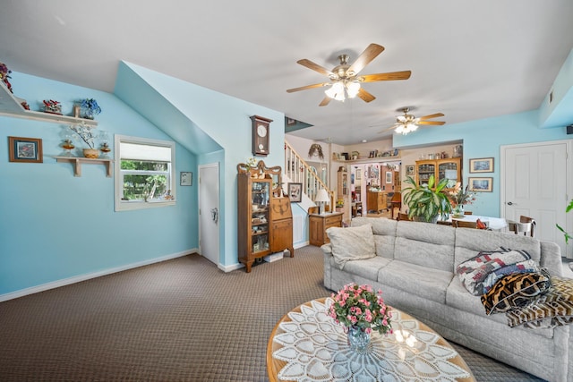 2940 Felstet Ln, Redding, CA 96001 - carpeted living area featuring ceiling fan and stairs