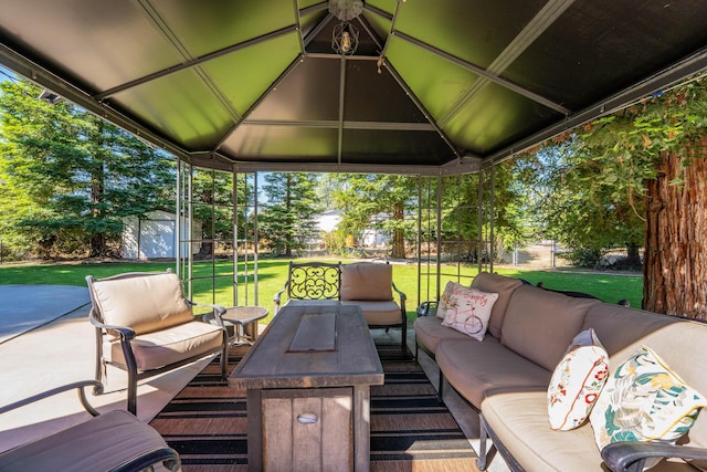 15947 Butterfield Ln, Anderson, CA 96007 - wooden deck with an outdoor living space, a gazebo, a lawn, and a patio