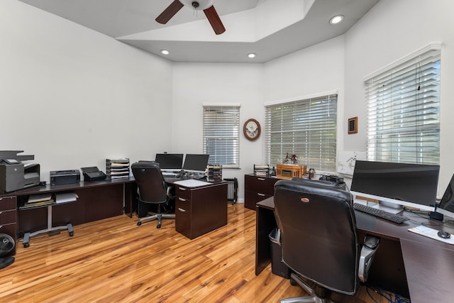 15947 Butterfield Ln, Anderson, CA 96007 - office area with ceiling fan, wood finished floors, a high ceiling, and recessed lighting