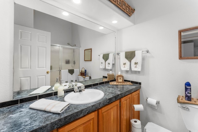 15947 Butterfield Ln, Anderson, CA 96007 - full bathroom with toilet, a stall shower, vanity, and recessed lighting