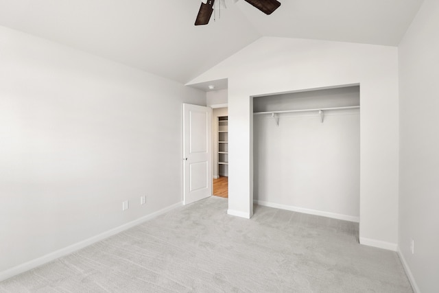 13360 Oak Run Rd, Oak Run, CA 96069 - unfurnished bedroom featuring a closet, baseboards, carpet, lofted ceiling, and a ceiling fan
