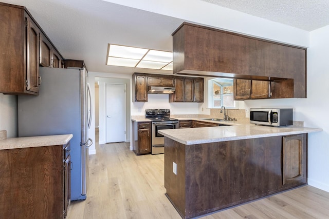 3640 Oro St, Redding, CA 96001 - kitchen featuring stainless steel appliances, under cabinet range hood, a sink, a peninsula, and light wood-style flooring