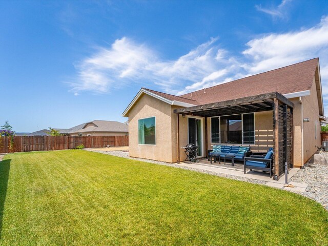 2830 Calaveras Ct, Redding, CA 96002 - rear view of house featuring an outdoor hangout area, a patio, and stucco siding