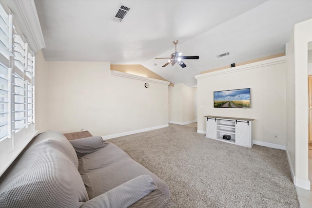853 Paramount Way, Redding, CA 96003 - living area featuring ceiling fan, vaulted ceiling, carpet flooring, and baseboards