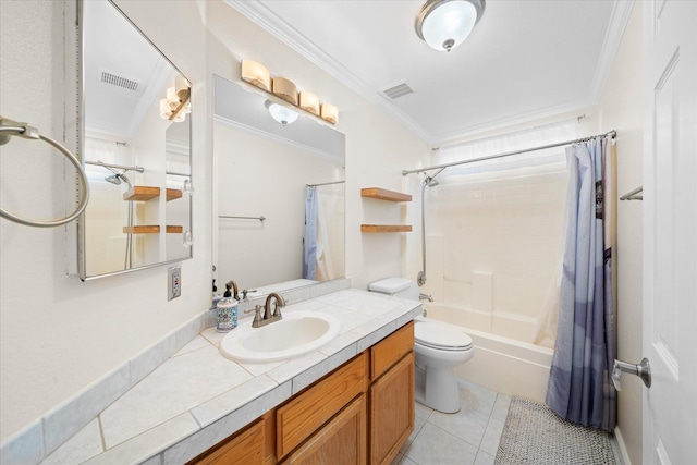 853 Paramount Way, Redding, CA 96003 - bathroom featuring crown molding, shower / bathtub combination with curtain, vanity, toilet, and tile patterned flooring