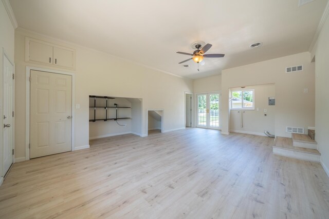 5101 Bidwell Rd, Redding, CA 96001 - unfurnished living room featuring a ceiling fan, light wood-style flooring, baseboards, and ornamental molding