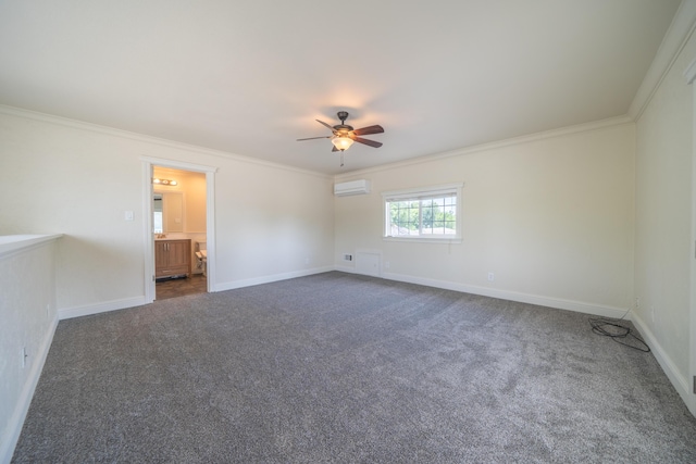 5101 Bidwell Rd, Redding, CA 96001 - empty room with an AC wall unit, a ceiling fan, ornamental molding, dark carpet, and baseboards