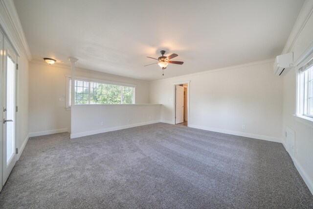 5101 Bidwell Rd, Redding, CA 96001 - carpeted empty room featuring an AC wall unit, a ceiling fan, crown molding, and baseboards