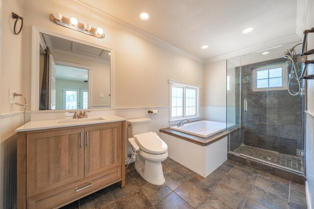 5101 Bidwell Rd, Redding, CA 96001 - full bath with a wainscoted wall, healthy amount of natural light, ornamental molding, a stall shower, and vanity