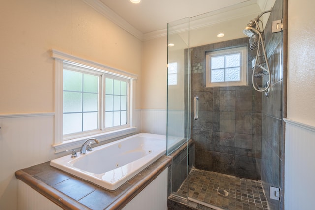 5101 Bidwell Rd, Redding, CA 96001 - bathroom with a jetted tub, a shower stall, crown molding, and a wainscoted wall