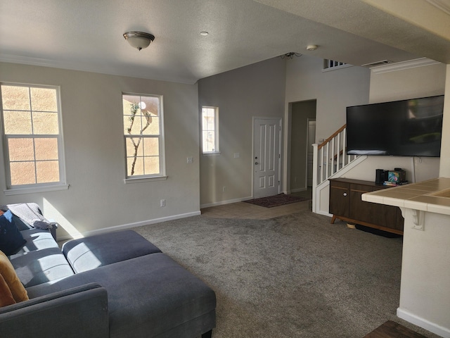 2340 Shining Star Way, Redding, CA 96003 - living room featuring baseboards, carpet floors, and stairway