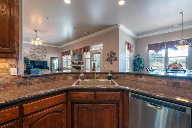 24943 Cox Ln, Los Molinos, CA 96055 - kitchen featuring dishwasher, a sink, decorative light fixtures, open floor plan, and recessed lighting