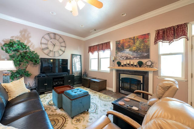 24943 Cox Ln, Los Molinos, CA 96055 - living area featuring ornamental molding, a fireplace, ceiling fan, and baseboards